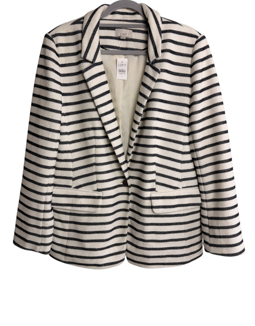 LOFT Navy Blue White Stripe Blazer Jacket Size 14 Gold Crest Buttons NWT